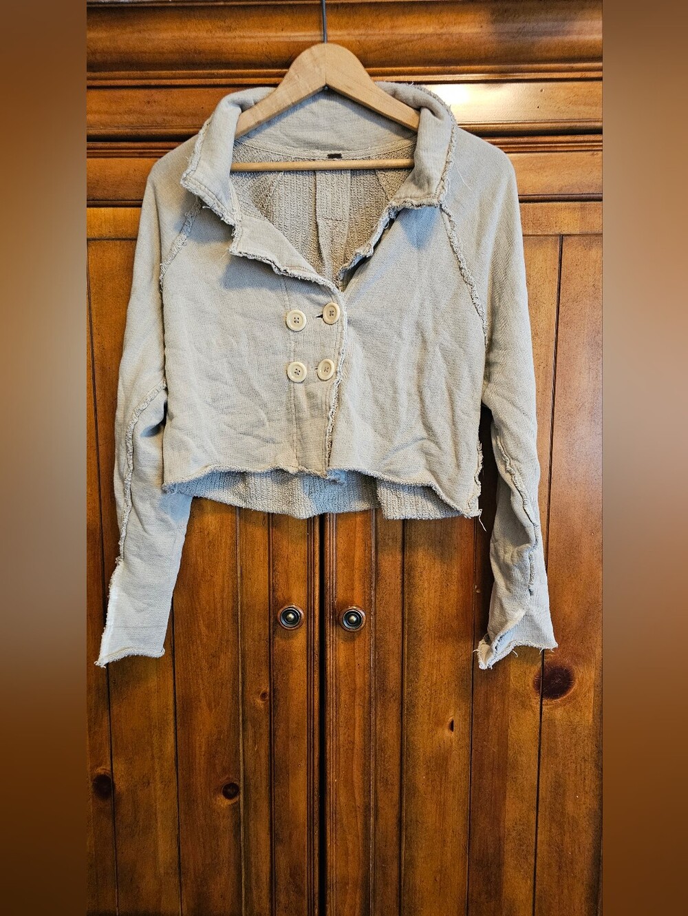 Free People Cropped Oversized Raw Edge Knit Jacket Tan M Boho Neutral Cotton Y2k